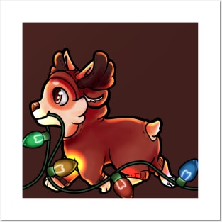 Corgi in a reindeer outfit carrying lights Posters and Art